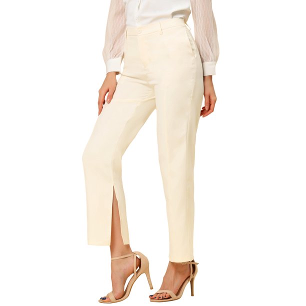Pantalones De Pierna Ancha Para Mujer Con Bolsillos Pantalones De Trabajo Elásticos De Cintura Alta Beige S