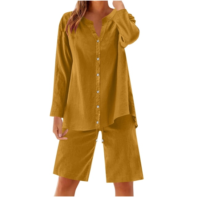 UAMVSH Women Button down Two Piece Sets Plus Size Cotton Linen Long Sleeve Shirts and Drawstring Bermuda Shorts Beach Outfits(X-Large,Gold)