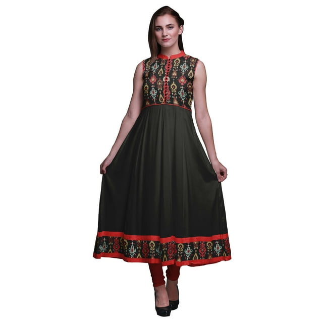Bimba Robe Anarkali Ikat Noire pour Femmes, Kurti Imprimée Ethnique Indienne, Longue Kurta, Robe de Soirée, Moyen