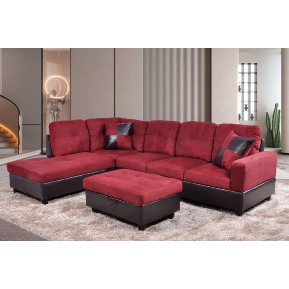 APD Furnishing Microfiber Sectional Sofa Set & 2 Toss Pillows, L-Shaped Sofa & Chaise, Storage Ottoman for Apartment/House/Living Room/Media/Office Furniture