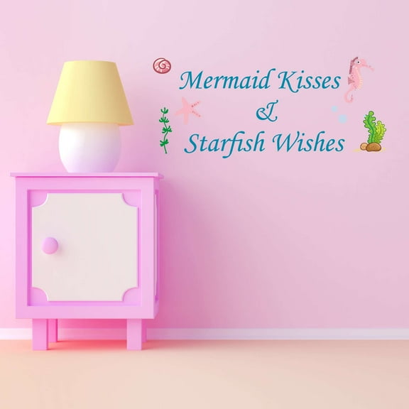 Mermaid Kisses And Starfish Wishes Mermaids Creatures Seahorse Princess Fish Starfish Queen Sweet Dreams Bedtime Unicorn Lovely Dream Holiday Decorating Wall Decal Sticker Cling - Size: 20 In X 8 In