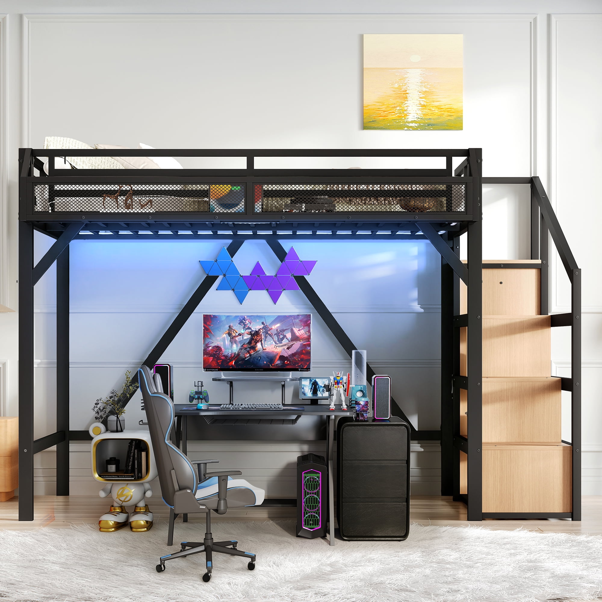 Aukfa Full Metal Loft Bed with Storage Stairs, Shelves, Wardrobe, USB Ports & LED Lights, Heavy-Duty Bed Frame for Teens, Kids & Adults, Black