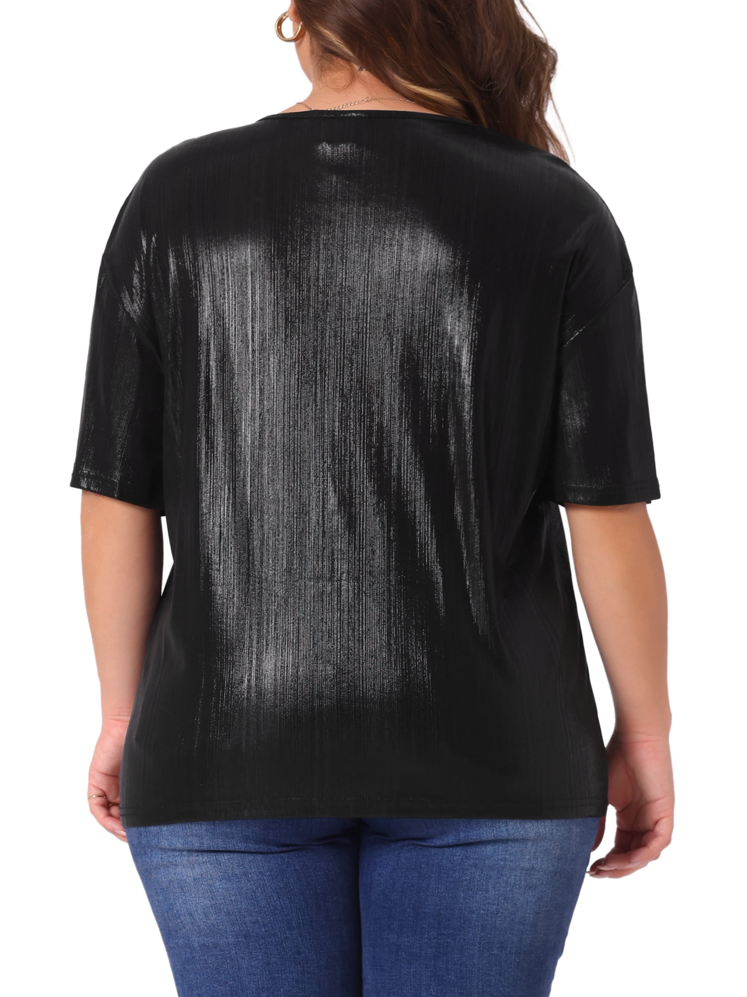 DARING DIVA Women's Plus Size Metallic Round Neck Short Sleeve Blouses 2X Black
