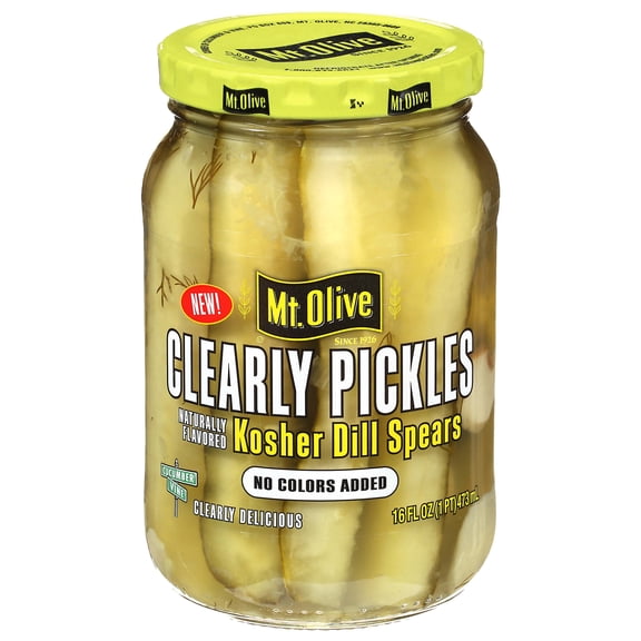 Mt. Olive Clearly Pickles Kosher Dill Spears, 16 fl oz Jar Naturally Flavored Dill Pickle Spears, No Artificial Dyes