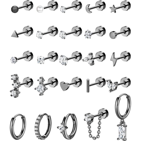 25pcs Hypoallergenic Flat Back Earrings 20G Cartilage Tragus Conch Piercing Jewelry Surgical Stainless Steel Flatback Stud Earrings For Women Small Hoop Earring Set for Multiple Piercing