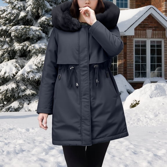 Women's Mid-Length Parka, Belted Waist Faux Fur Collar Jacket, Thickened Fleece Lined Winter Coat, Casual Winter Outerwear, Plus Size Winter Jacket Black L