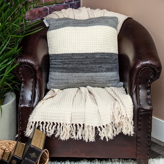 Nassau Collection Knitted Color Block Pattern Cotton Throw Pillow - 20" - Gray and Beige