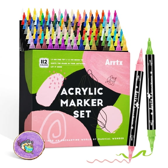 Arrtx Acrylic Markers, Set of 112 Colors Fine Tip&Brush Tip Water-based Acrylic Paint Markers for Coloring, Drawing, DIY Craft