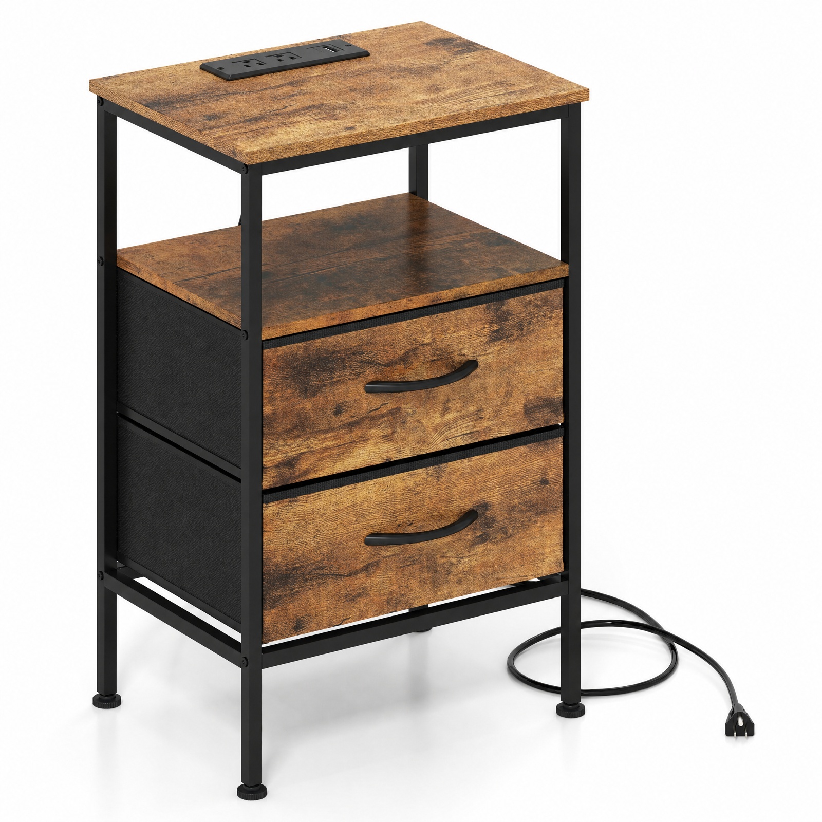 Furnibear Nightstand with Charging Station 24.5 inch Modern Bedside Table with 2 Fabric Drawers for Bedroom Living Room Bedside Sofa, Rustic Brown