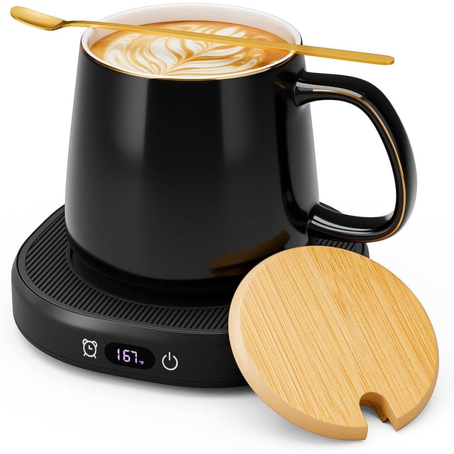 Coffee Mug Warmer & Simple Pure Black Mug Set, Electric Cup Warmer with Auto Shut Off, 4 Temperature Setting Smart Beverage Warmer, 8-Hours Auto Shut Off (Simple Pure Black Mug)