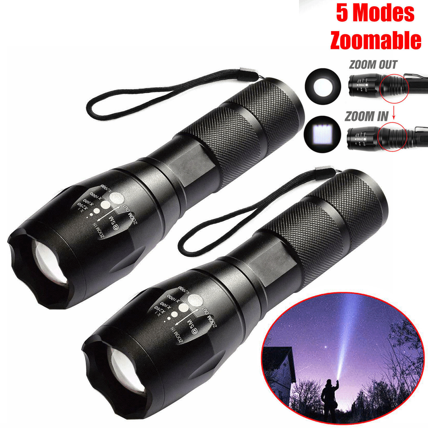 2PC Super Bright 900000LM Tactical Police T6 LED Flashlight Torch Light Zoomable 