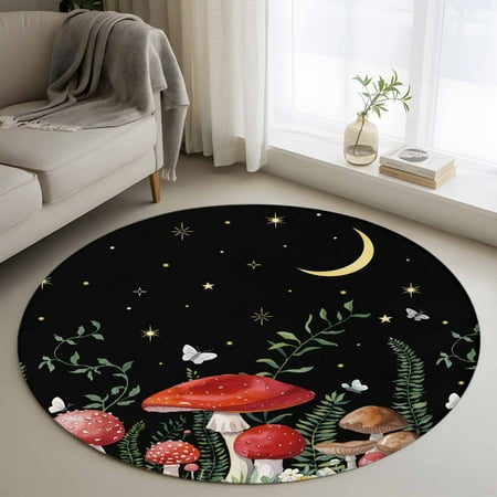 Non-Slip Rug Pad Rugs Mushroom Butterfly on Black Round Area Rugs 3.3Ft Soft Carpet Pads for Living Room Kids Room Farmhouse Moon Stars