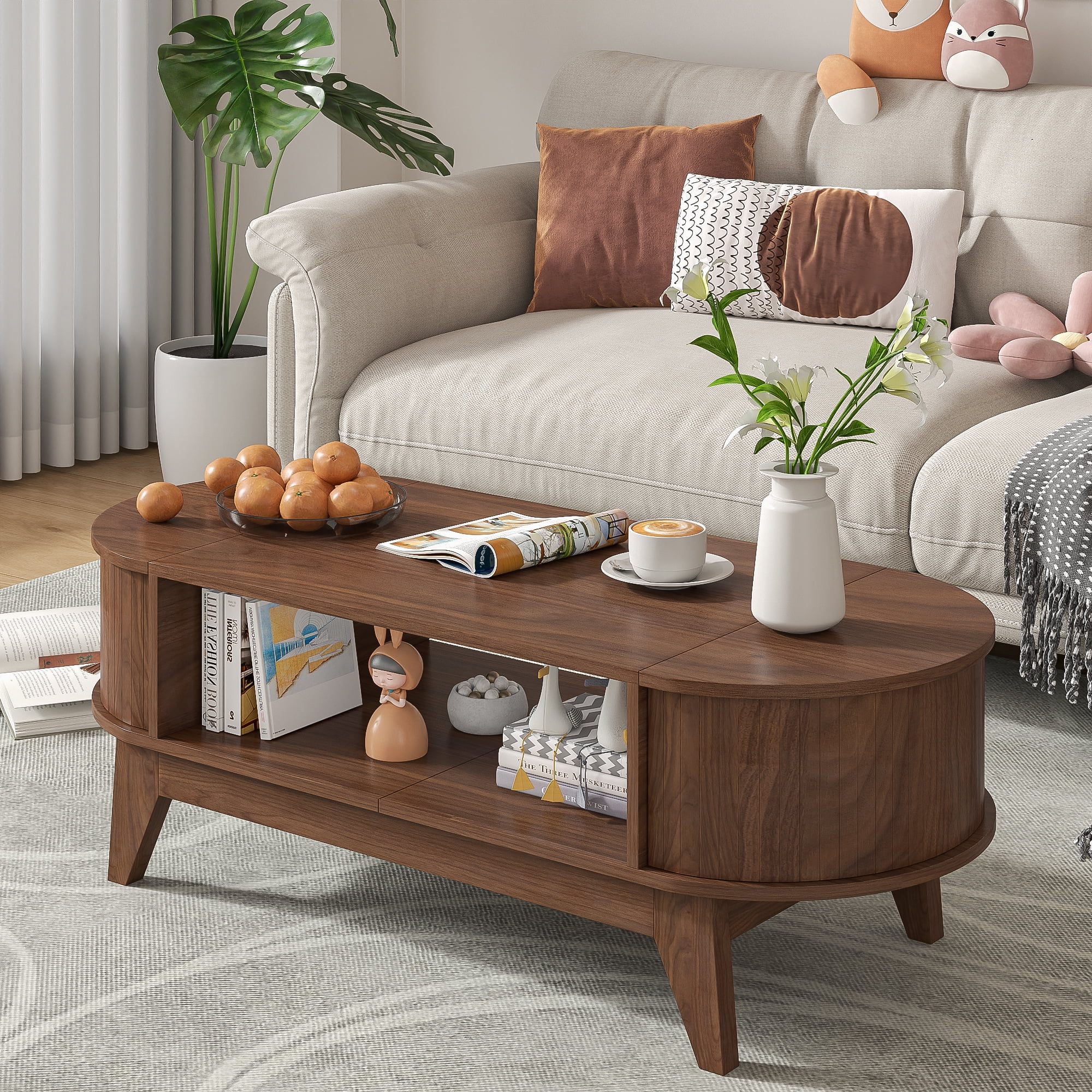 Fluted Coffee Table with Storage, Modern Coffee Tables, Wood Accent Center Table