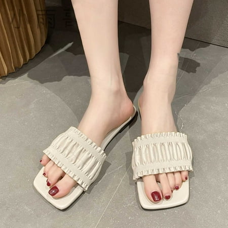 

Cathalem Indoor Slippers Women Cute Ladies Shoes Summer Fashion Pleated Flat House Slippers for Women Washable Open Toe Beige 6.5