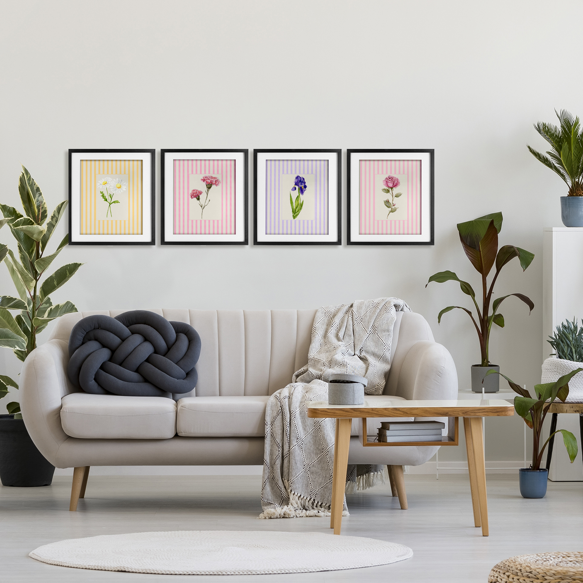 Cottage Stripe Sprigs 4 Piece Black Framed Print Under Glass Set, design by Lisa Wehmeyer