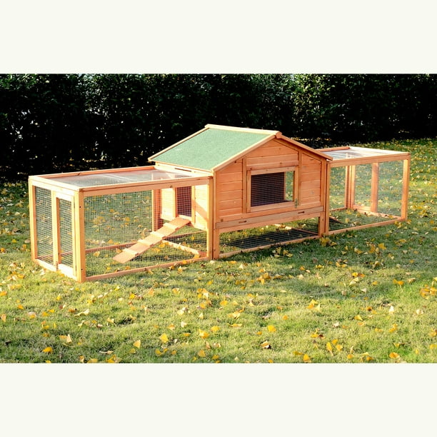 OWSOO 122" Outdoor Wooden Hutch Small Animal Enclosure with Dual Outdoor Runs and Ramps