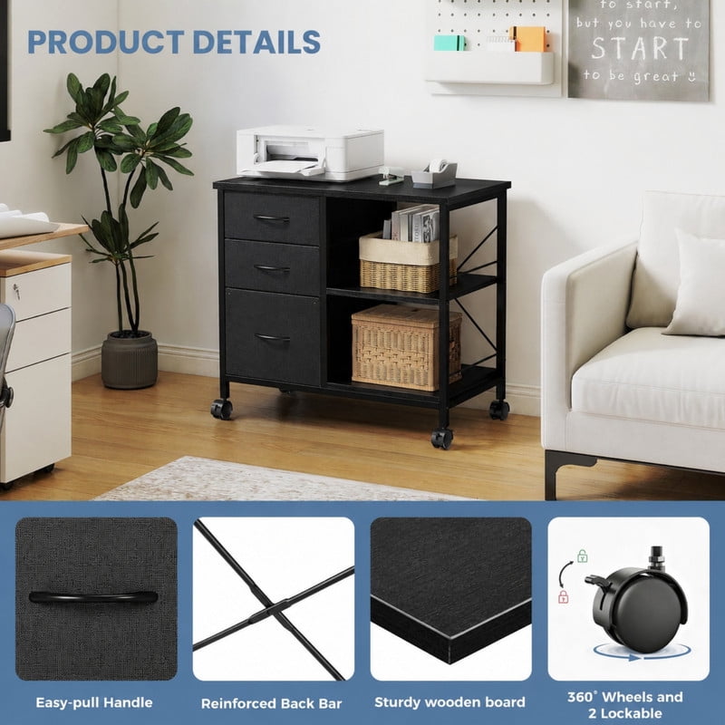 Kelno Rolling File Cabinet with Adjustable Shelf 3 Fabric Drawers Lockable Wheels, Black
