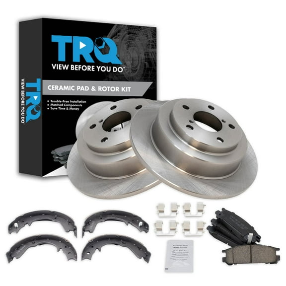 TRQ Rear Brake Pad & Rotor Kit Brake Pads Brake Rotor Parking Brake Shoe Set Ceramic Fits Select 1993-1999 Subaru Impreza 1995-1999 Legacy