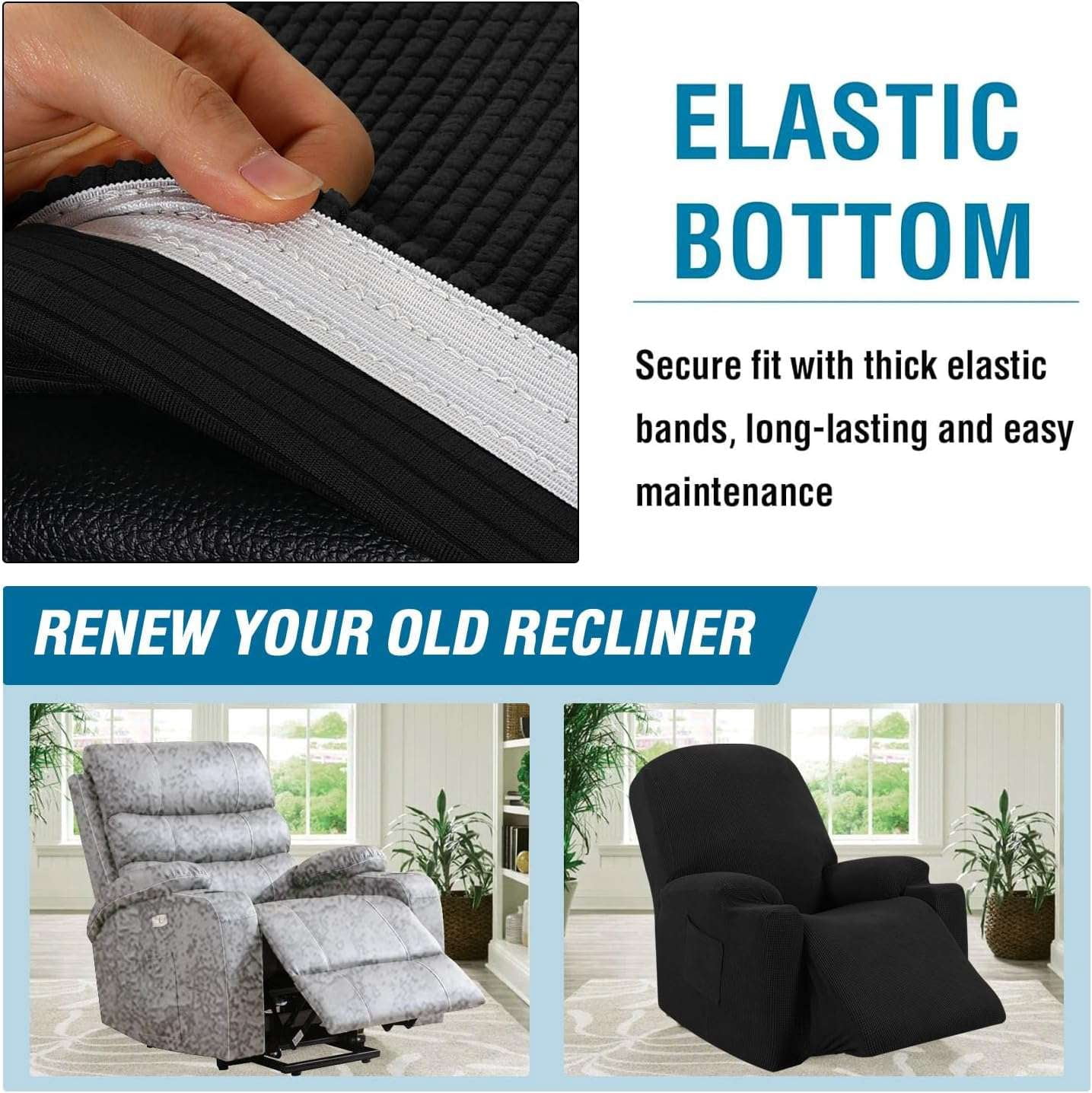 H.VERSAILTEX Stretch Electric Power Lift Recliner Chair Cover with Side Pocket, Soft Thick Jacquard(Single Seat, Black)