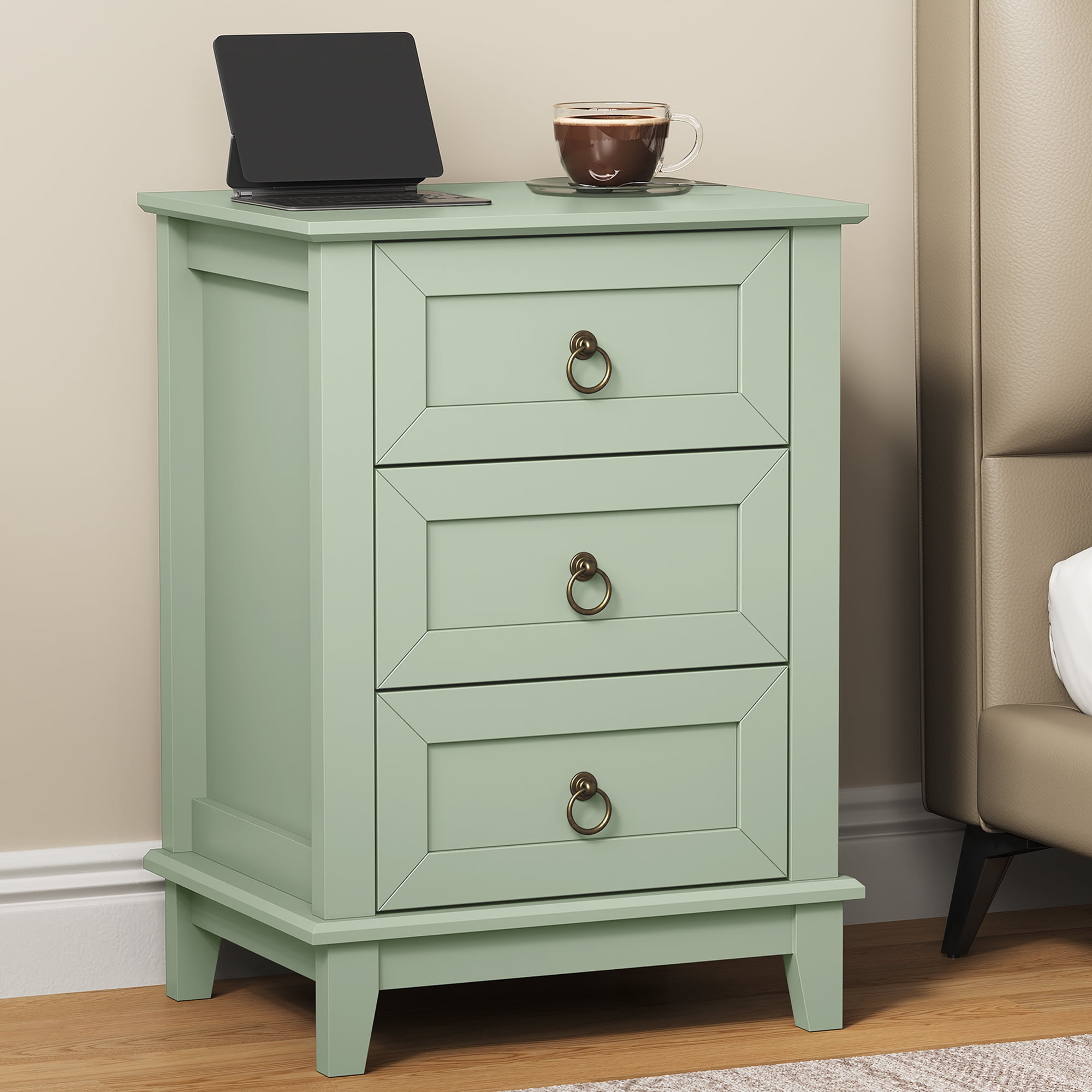 CozyHome Green Slim Night Stand: 3-Drawer Tall Wood Dresser, Space-Saving Bedside Table for Small Rooms, Bedroom, Nursery, or Dorm