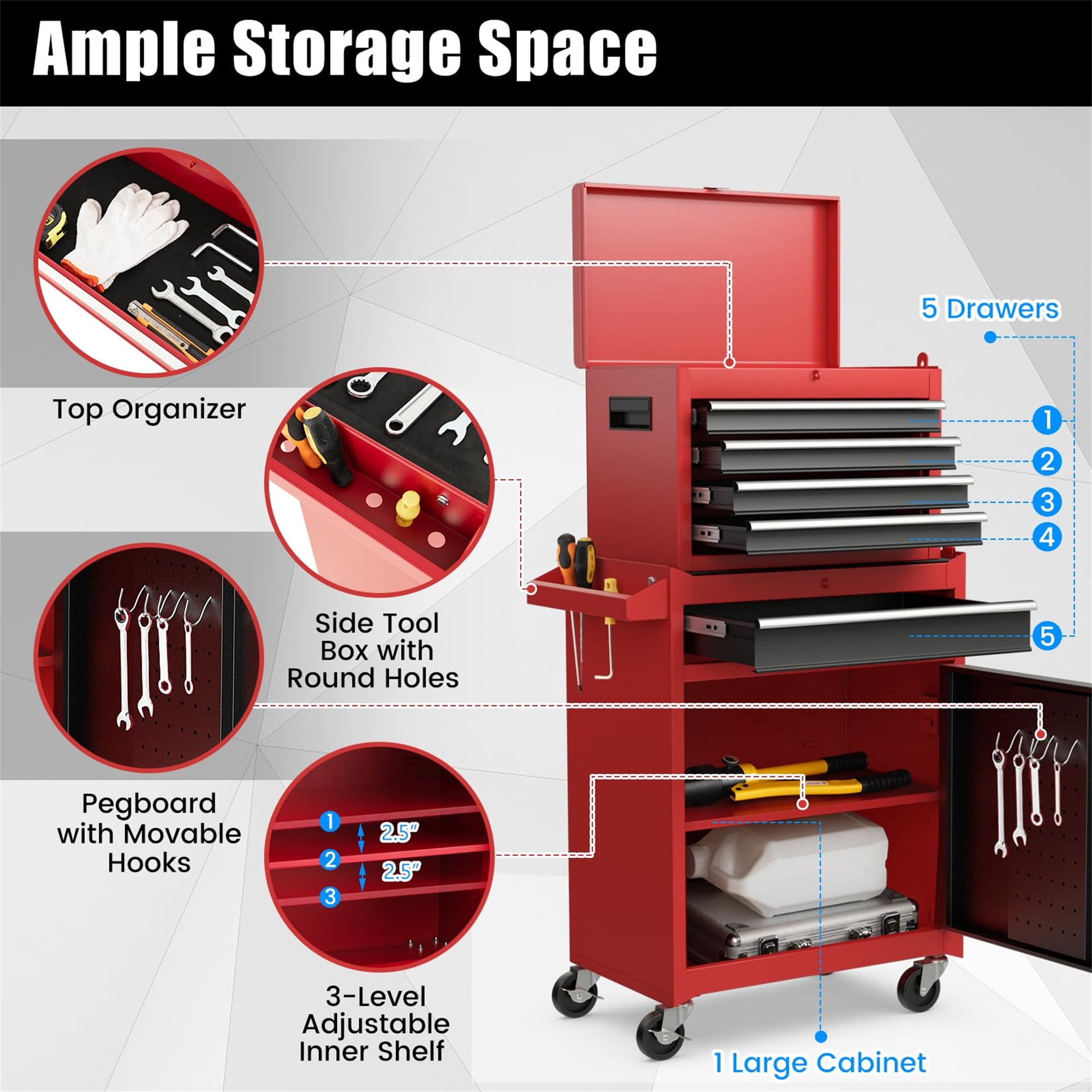 Aukfa Tool Box, 2-in-1 Rolling Tool Chest & Cabinet on Wheels for Garage Workshop, 5-Drawer, Red&Black