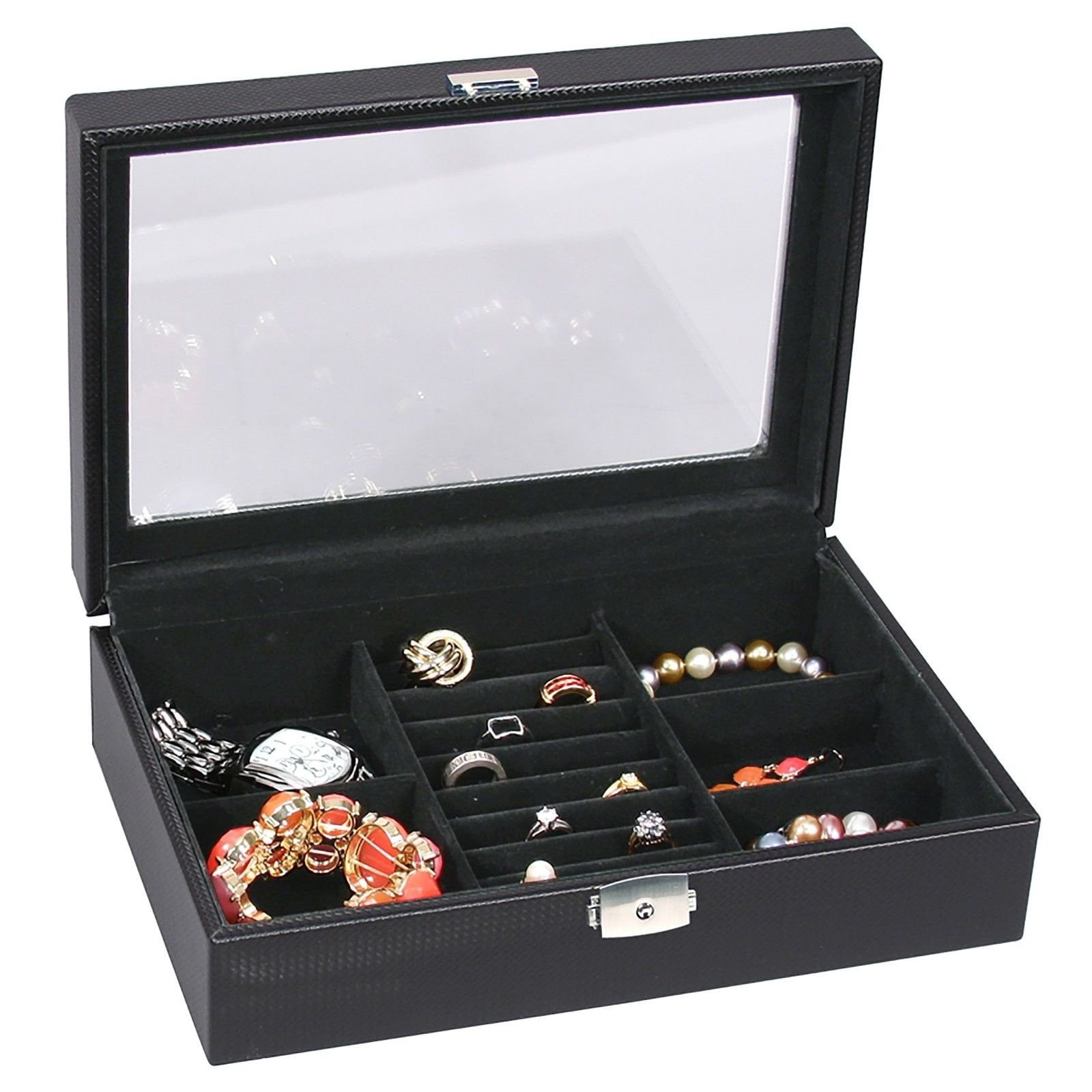 Black Leather Carbon Fiber Jewelry Storage Case Glass Top box Display 