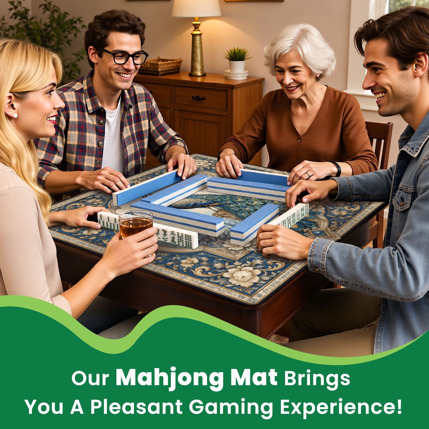 Mahjong Mat 31.5" x 31.5" Peacock Blue Teal Intricate Decorative Framing Non-Slip Noise Reduction Mahjong Tiles Table Cover for Dominoes Poker Card Board and Tile Games