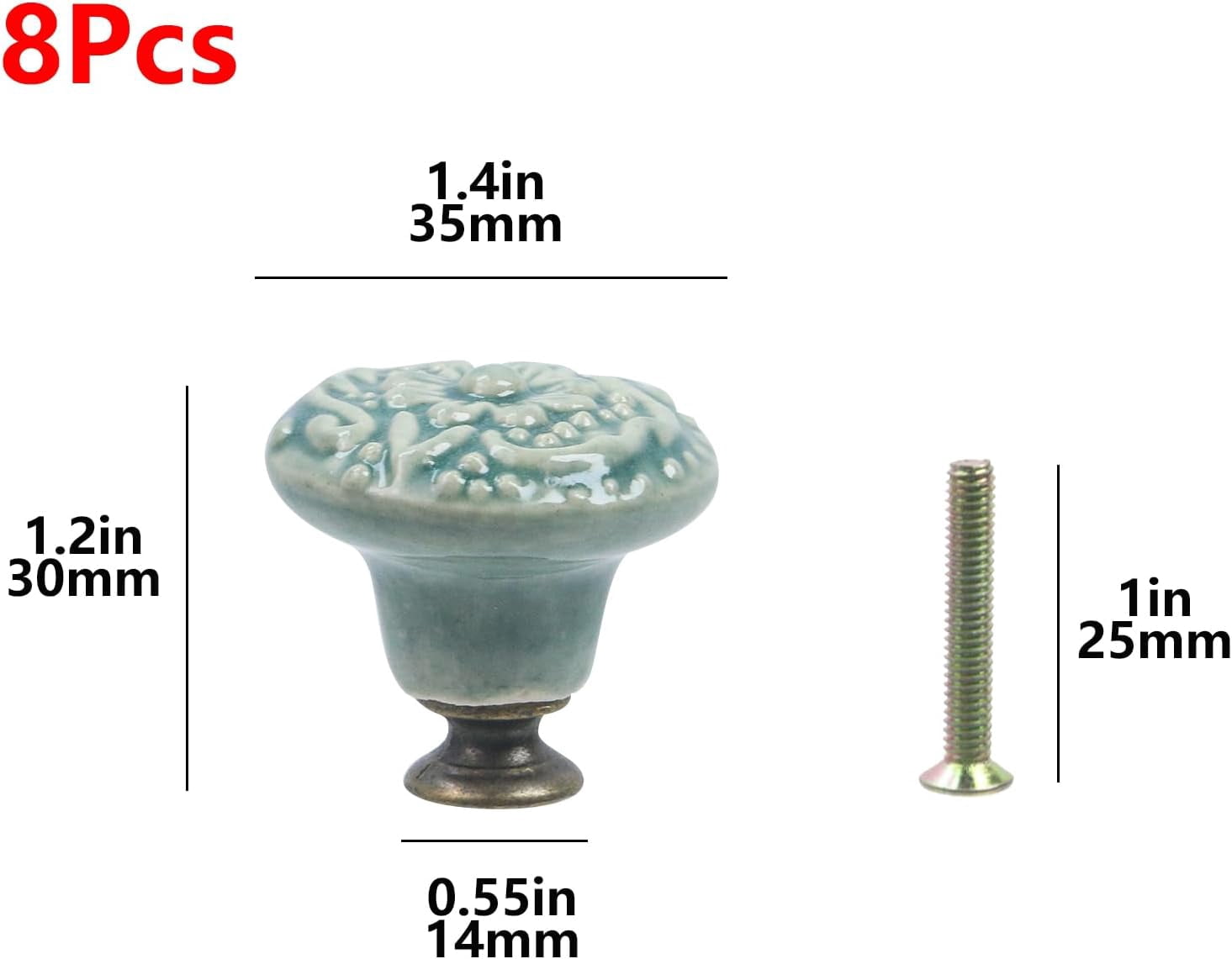 8 Pcs Round Ceramic Drawer Knobs Cabinet Furniture Handle Vintage Flower Pattern Knobs, with Mounting Screws, Green