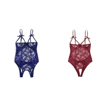 Lojoutye 2 Pack(Blue 1PCS & Red 1PCS) Multipack Negligee Plus Size Crotch Backless Bodysuit Jumpsuit Garter for Women Hollow Lace Bow Women Print for Women Teddy Open