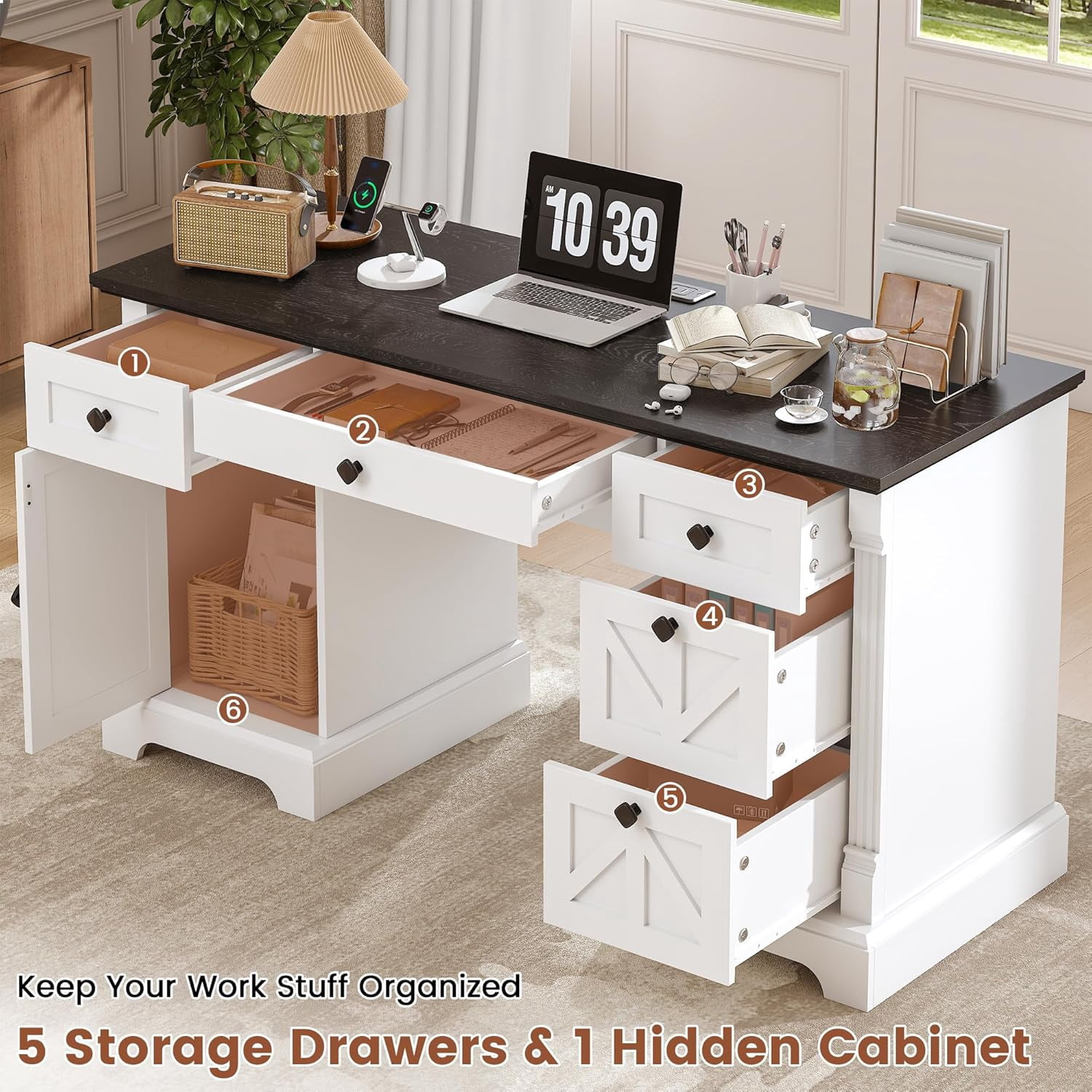 Frmobepts Farmhouse Executive Desk with Drawers, 55" Home Office Desks with Fast Charging Station, Wood Writing Computer Desk for Work, Study, White