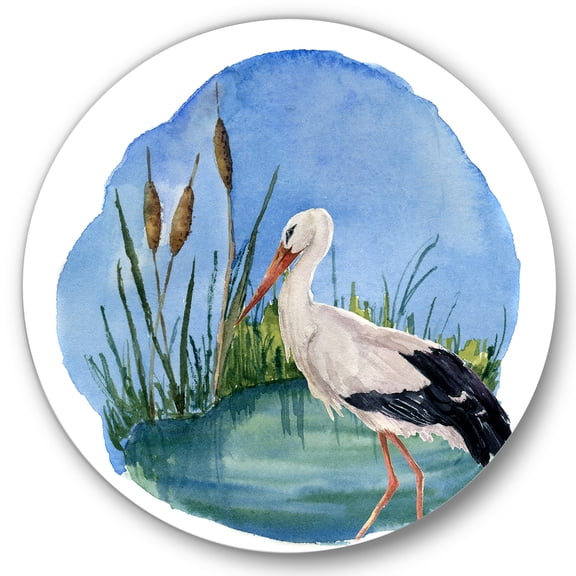 Designart 'White Stork On The Swamp Blue' Traditional Circle Metal Wall Art 36x36 - Disc of 36