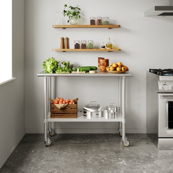 Flash Furniture Portable Prep and Work Table with NSF Certified 18 Gauge Stainless Steel Top Shelf, Galvanized Steel Undershelf and 4 Casters with 2 Locking