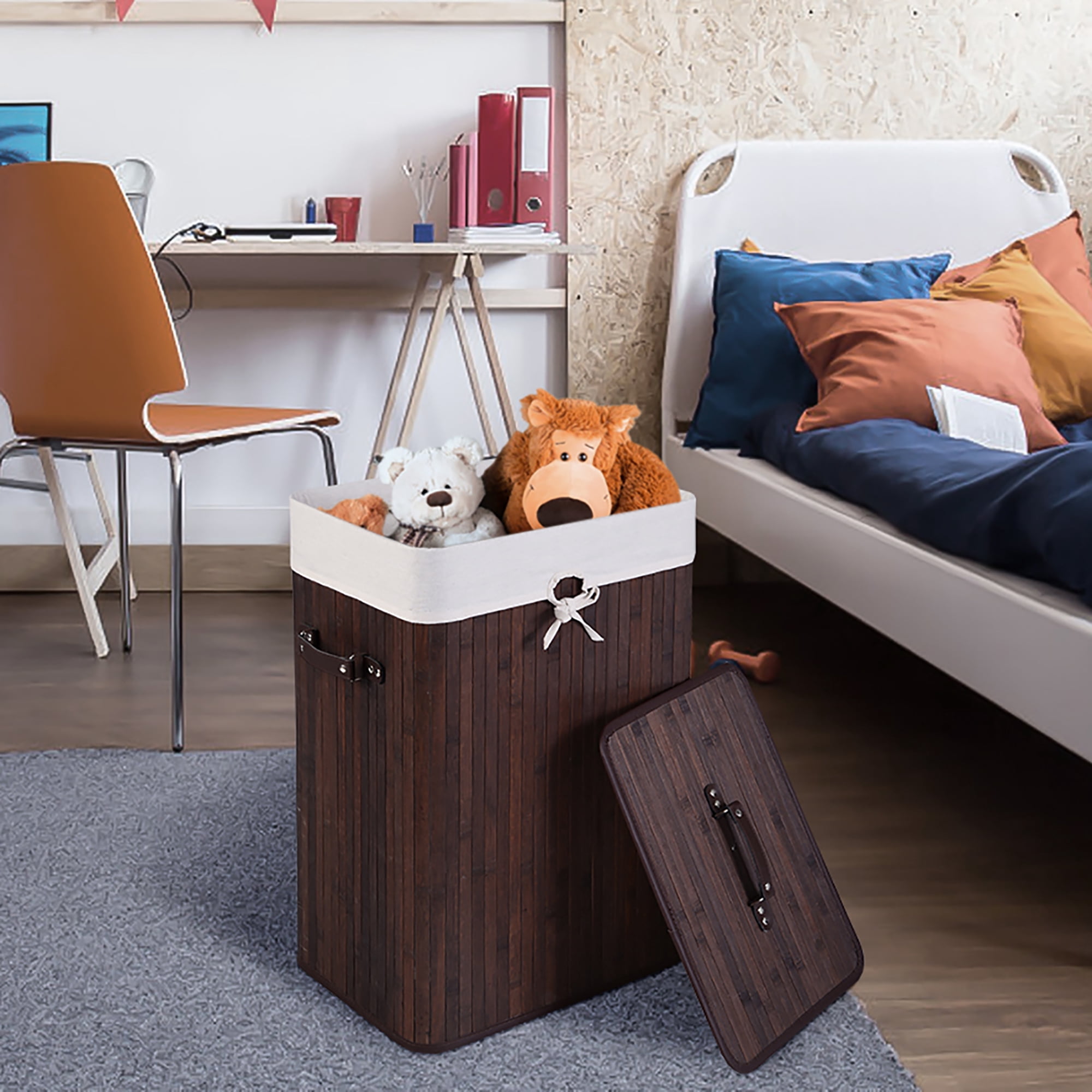Costway Tall Portable Laundry Basket, Deep Brown & White