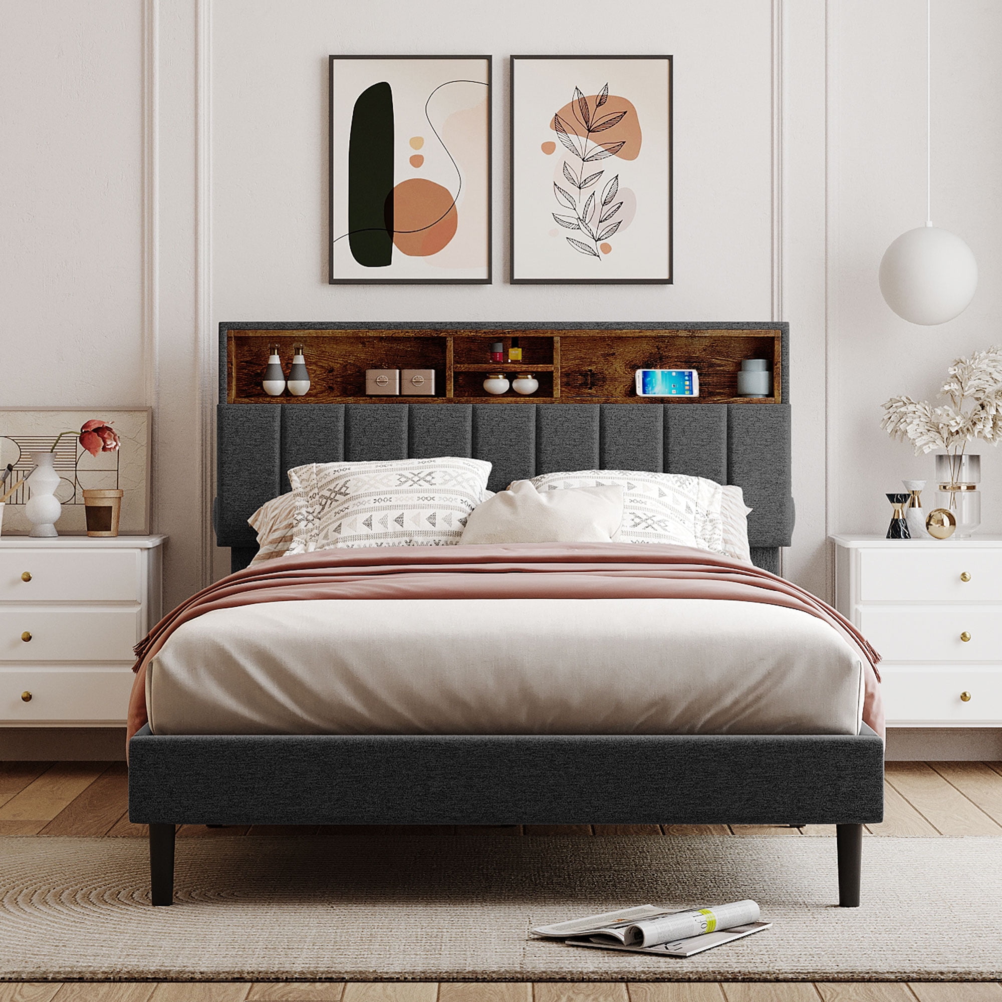 Aukfa Full Upholstered Bed, Platform Bed with Storage Headboard and USB Port for Adults Kids, Gray
