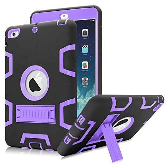 Mignova pour iPad Mini 1/2/3 Étui, Robuste Antichoc Résistant aux Impacts Convivial pour Enfants Étui Hybride Robuste de Protection avec Support Intégré pour Apple iPad Mini 1/Mini 2/Mini 3 (Noir/violet)