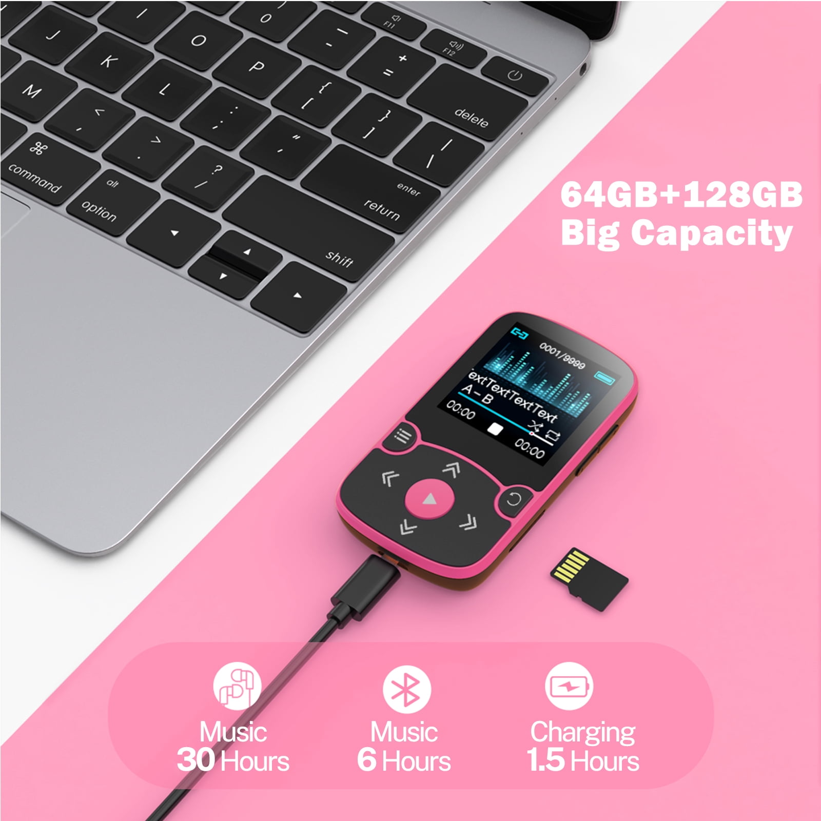 AGPTEK 64Go Lecteur MP3 Bluetooth 5.3 - Écran 2.4" Métal Avec Haut-Parleur, Radio FM Et Podomètre