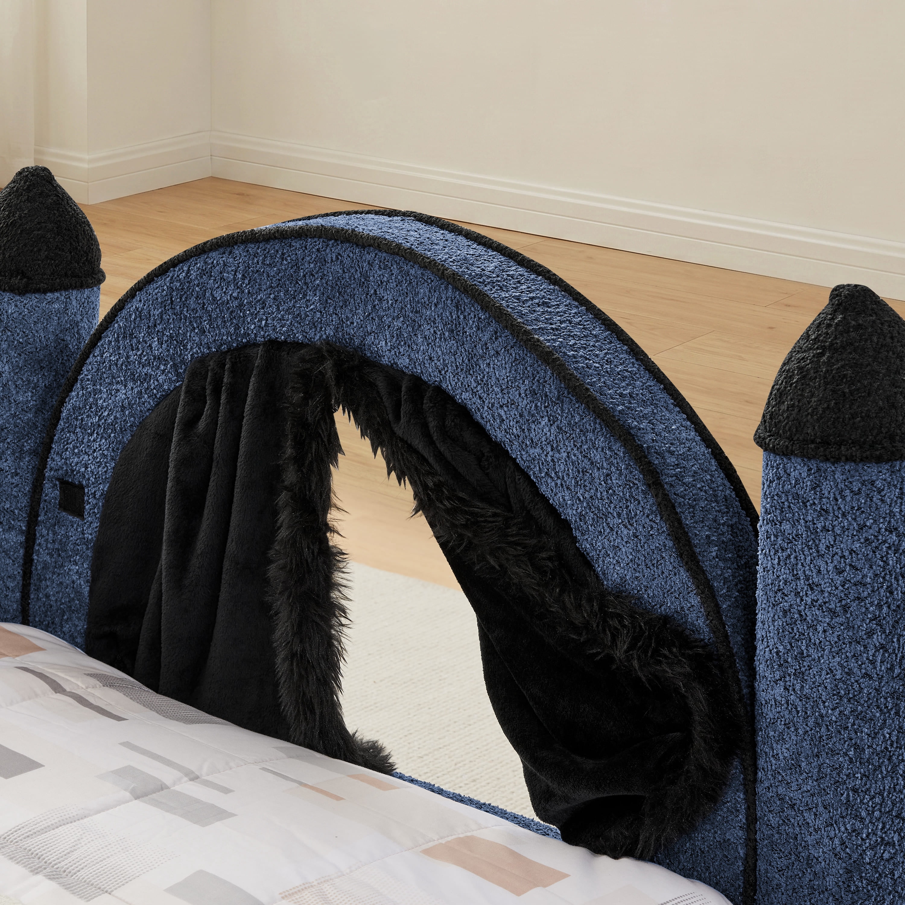 Wakefit Twin Size Castle Bed with Safety Guardrails & Curtain,Boucle Upholstered Kids Bed Solid Wood Frame,Cute Daybed for Bedroom,Navy Blue
