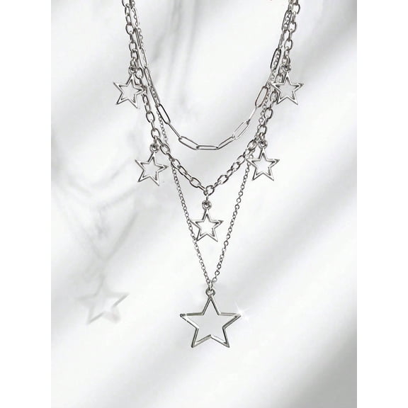 Silver-5 Layered Hollow Star Pendant Necklace Set: Multi-Chain Silvertone Star Charms For Women