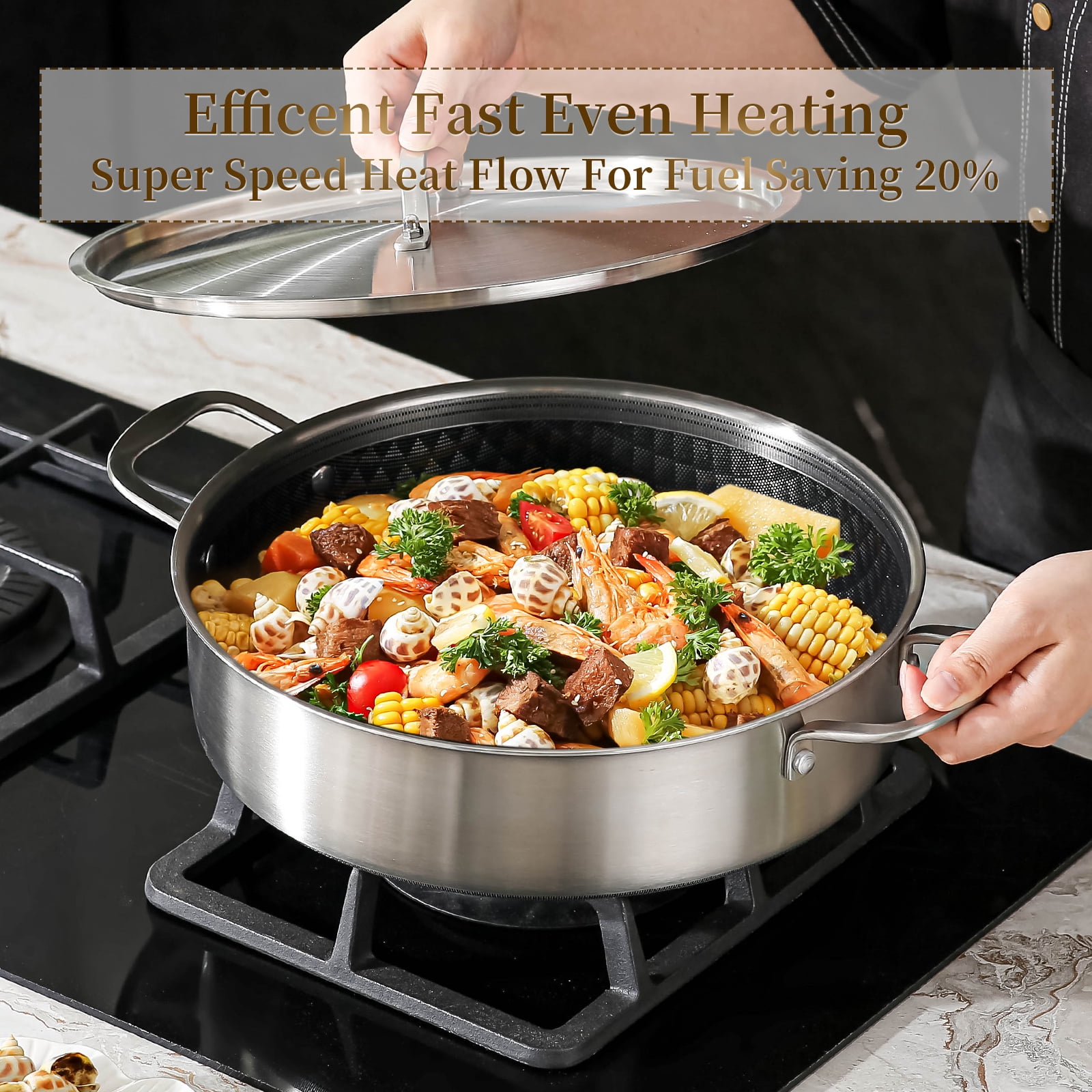 DELARLO 5QT Tri-Ply Stainless Steel Saute Pan Non Stick with Lid,12inch Deep Frying Pan,Large Braiser Pan Induction Compatible,Heavy Duty and Oven Safe