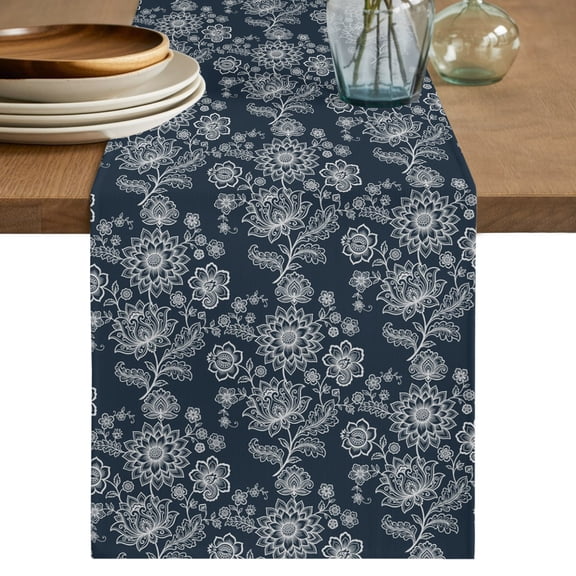 Navy Blue Floral Short Table Runner 60 Inches Long,Abstract Art Flowers Traditional Cotton Linen Table Runners Dresser Scarves,Fabric Tabletop Scarf Furniture Cover for Home Dinner Party 13"x60"