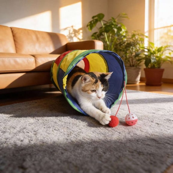 Foldable Cat Tunnel With Attached Toys, Multicolor Design