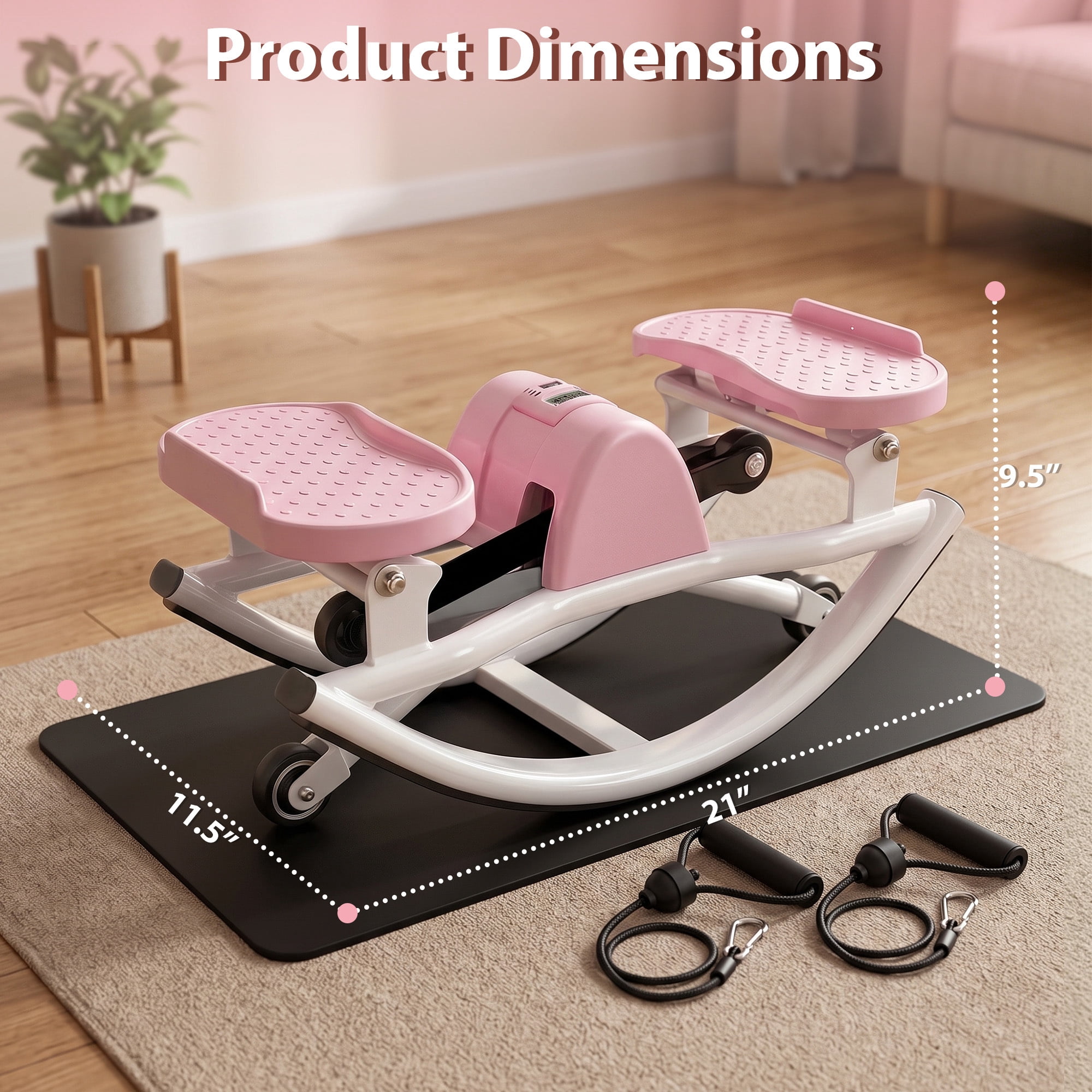 Leumius Rock Stepper for Exercise,Side-to-Side Stepper Machine with Resistance Bands & Digital Display,Foldable Mini Stepper for Home Workout,Pink