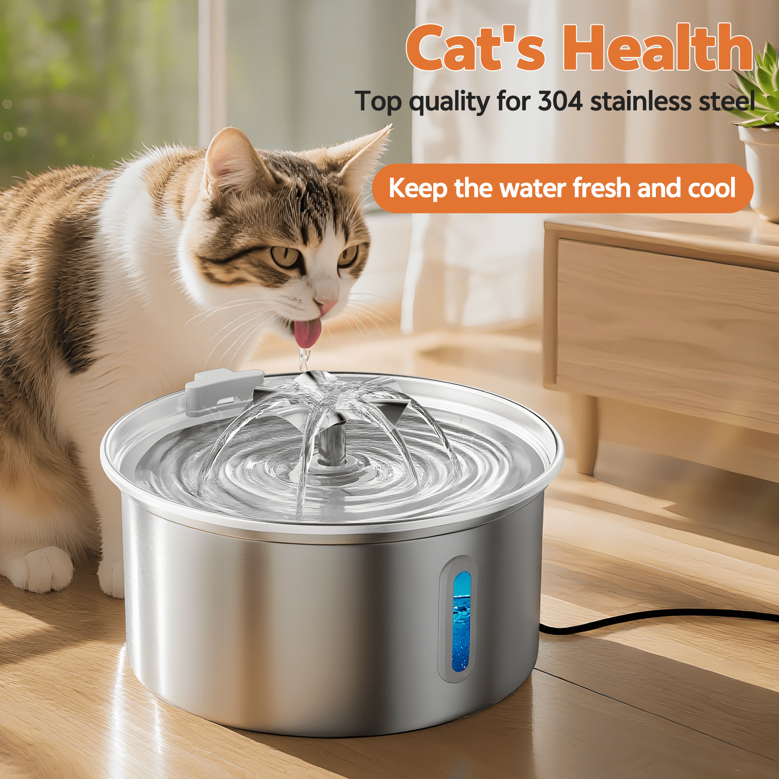 Cat Water Fountain Stainless Steel, YUWENUS 108oz/3.2L Pet Fountain with Water Level Window Automatic Water Dispenser with 4 Replacement Filters for Cats, Dogs