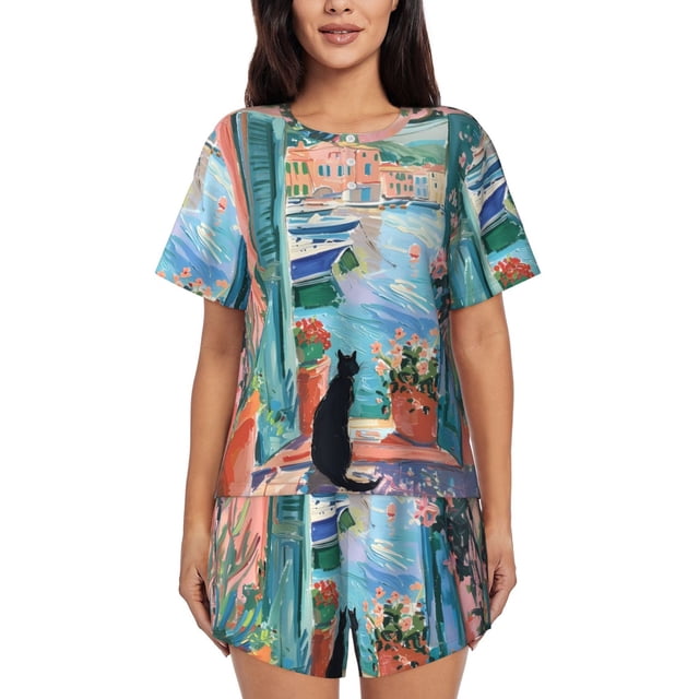 Balery Coastal Cat By The Window Conjunto de Pijama para Mujer con Estampado, Dos Piezas de Manga Corta y Shorts, Ropa de Dormir Suave con Cuello Redondo y Bolsillos-Medium
