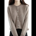thumbnail image 3 of Suéter de Larga con Cuello Redondo de Color Liso para Mujer, Chaqueta de Punto Combinable para y Otoño Camello XL, 3 of 7
