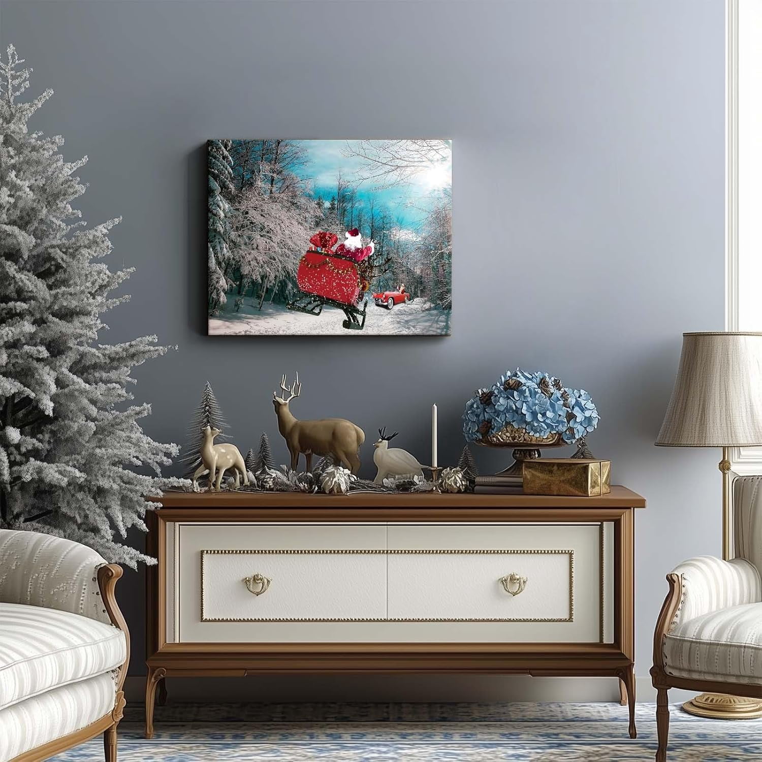 Christmas canvas wall art decor, Santa Claus on Sleigh with Gifts and Red Car in Snowy Forest, Festive Canvas Print for Living Room or Office, Holiday Home Decor for a Joyful Atmosphere 16X20inch