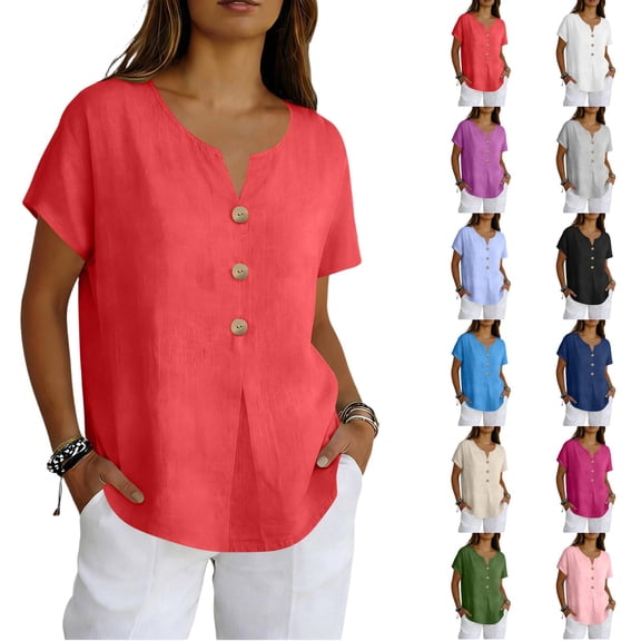 Women's Casual Short Sleeve V-Neck Button-Down Top - Loose Fit Linen-Blend Blouse for Summer, Everyday Wear & Vacation Light Blue XL