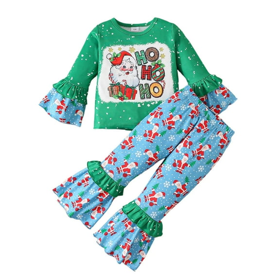 CAIVO Girls O-Neck Outfits Sets Holiday Party Two Piece With Santa Print Tops And Snowman Pants Festive Flared Sleeves Winter Stylish Clothes Sets
