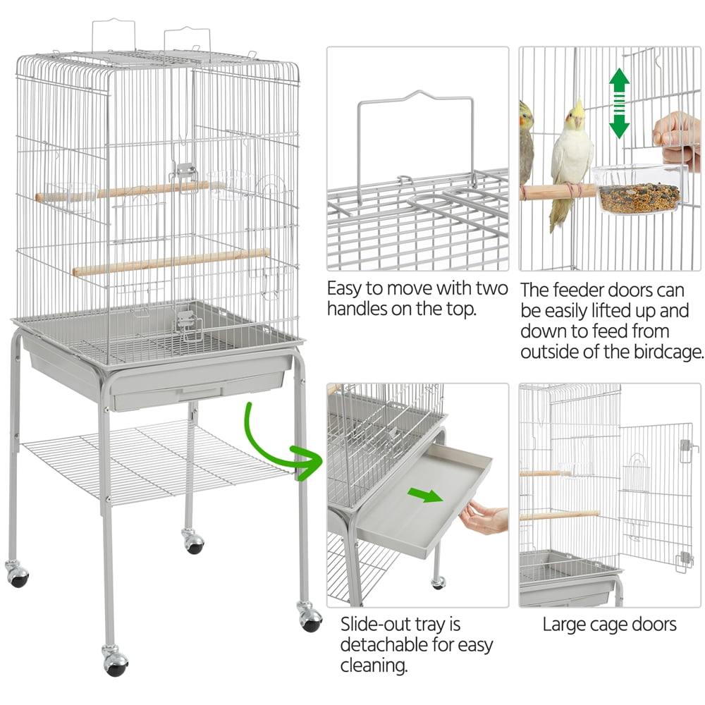 Alden Design 53.5" Metal Rolling Bird Cage with Play Top Stand, Light Gray