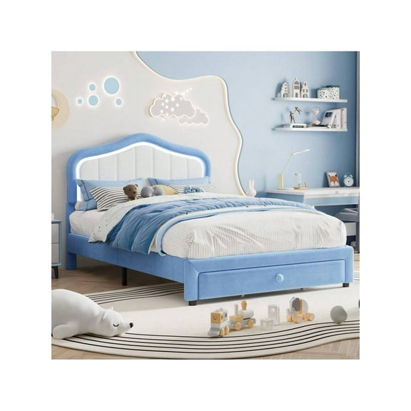 Huisuilinss Upholstered Twin Bed Frame With Storage Drawer,Cute Velvet Platform Bed,LED Bed Frame Full With Headboard,No Box Spring Needed,Wooden Slats,Noise Free